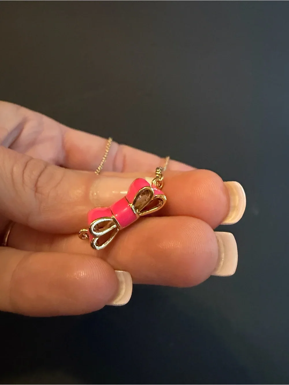 Kate Spade New York Take a Bow Pink Enamel Bow Necklace Gold Tone Signed